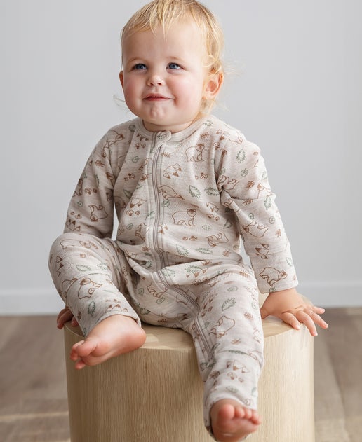 Babies' Merino 2-way Zip Growsuit in Oat Bears | Postie