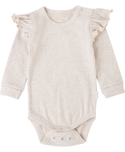 Babies' Rib Frill Long Sleeve Bodysuit in Oat Marl | Postie