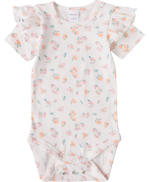 Babies' Rib Frill Short Sleeve Bodysuit In White Floral 