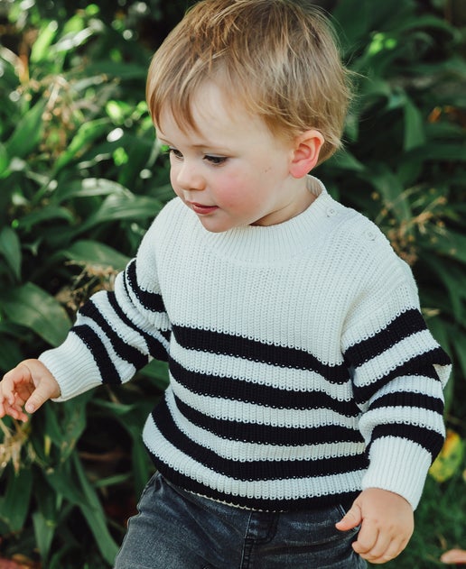 Babies' Stripe Crew Knitwear in Egret Stripe | Postie