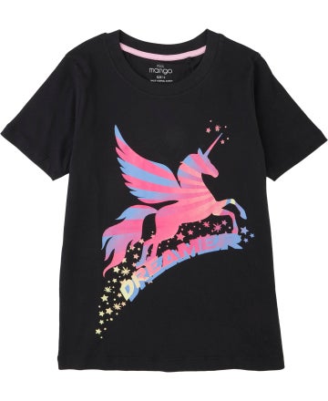 Kids Short Sleeve Print Front T-shirt in Black Unicorn