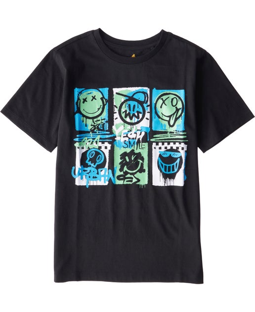 Kids' Short Sleeve Printed Tee in Black Smiley | Postie