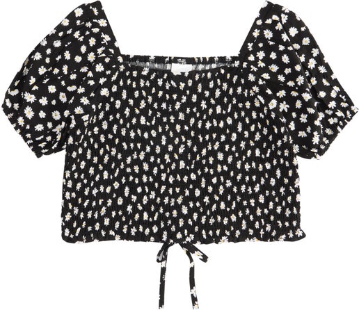 Kids' Short Sleeve Puff Sleeve Shirred Top in Black Ditsy | Postie