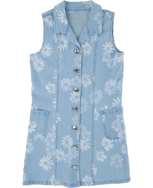 Kids' Sleeveless Printed Denim Dress in Blue/white | Postie