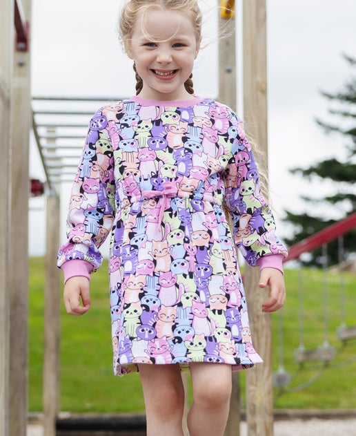 Little Kids' All Over Print Sweatshirt Dress in Cute Kitties | Postie
