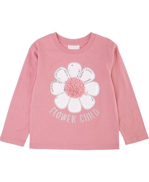 Little Kids' Embellished Long Sleeve Tee in Pink Sequin Flower | Postie