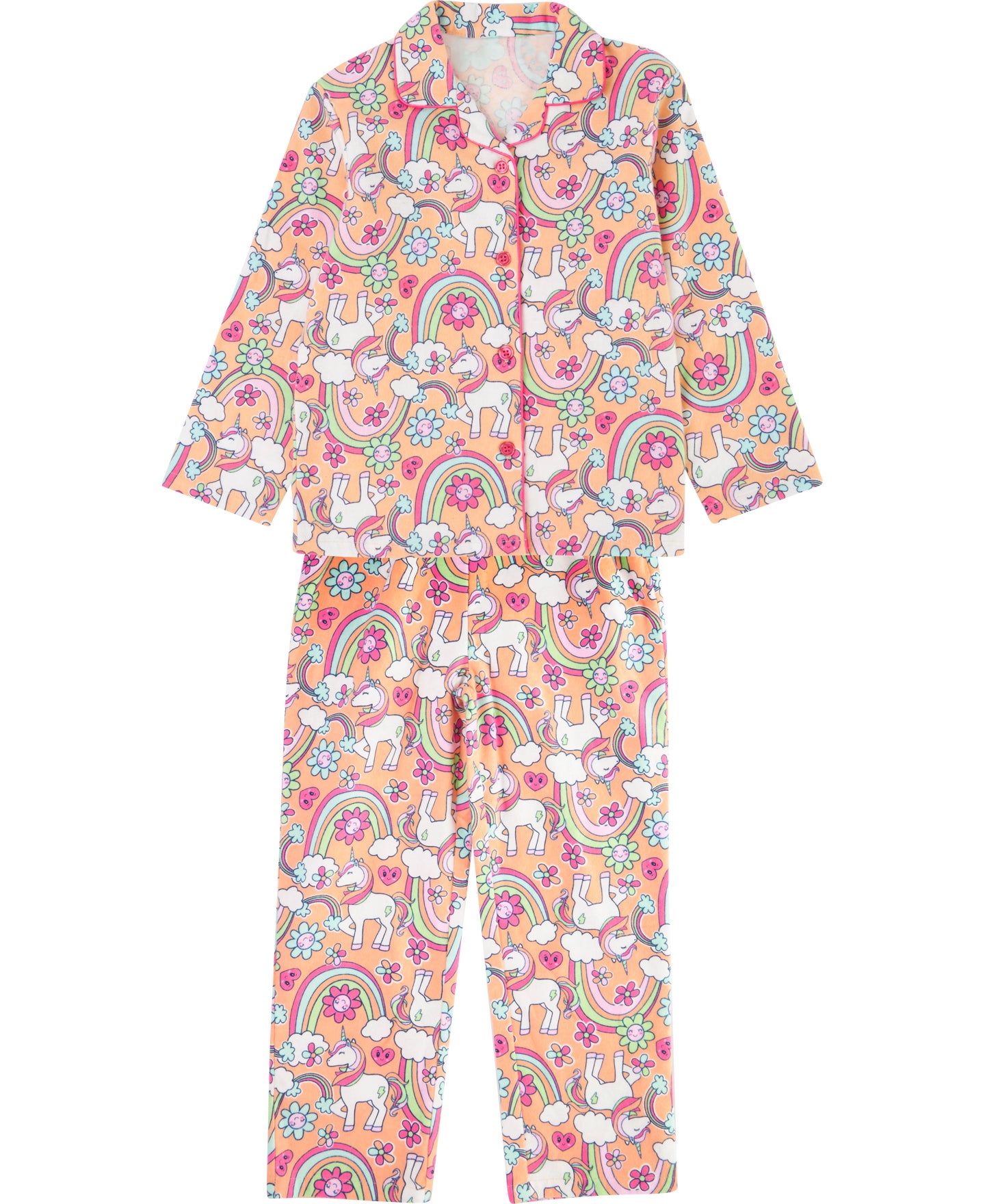 Little Kids' Flannel Pyjamas in Peach Rainbow Unicorn