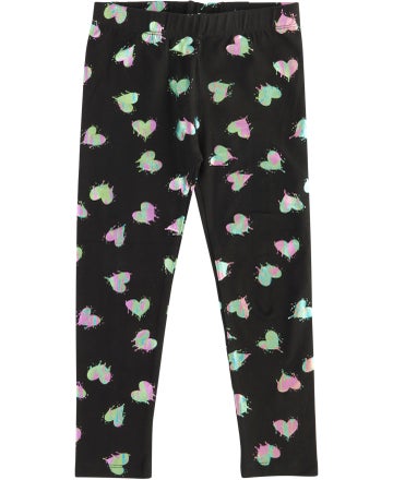 Little Kids' Foil Print Full Length Leggings in Black/rainbow Hearts