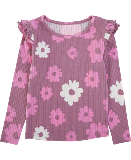 Little Kids' Frill Shoulder Rib Top in Dusty Mauve Floral | Postie