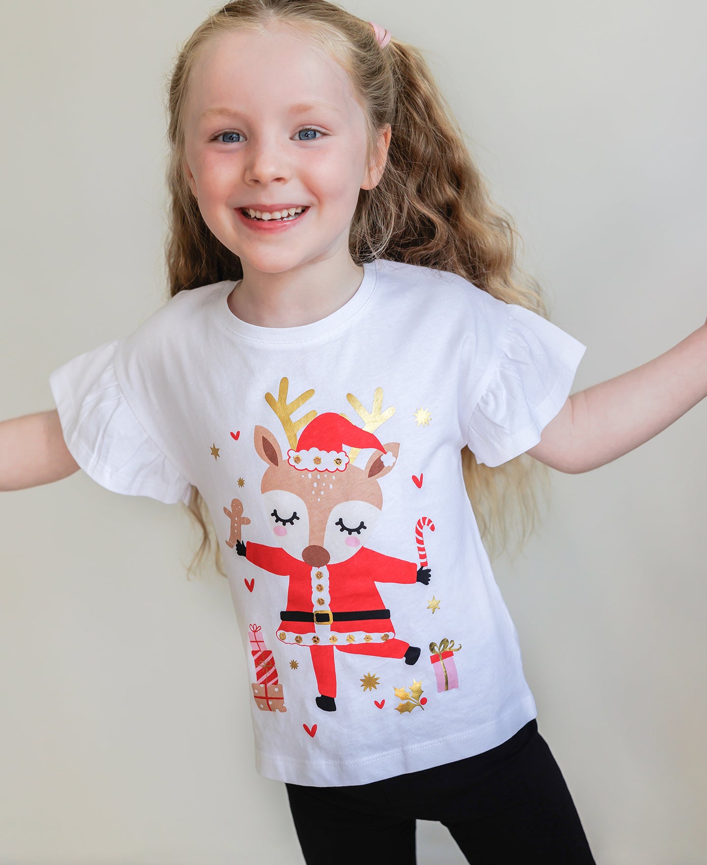 Little Kids' Frill Sleeve Foil Christmas Tee in Bright White Xmas