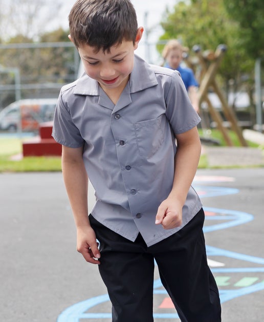 School + Short Sleeve Layback Shirt in Grey | Postie