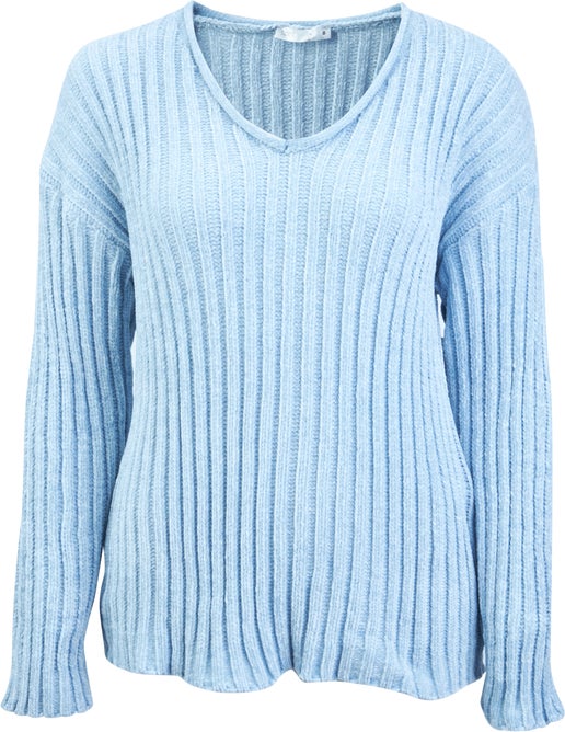 Women's Chenille V Neck Rib Jumper in Subdued Blue | Postie