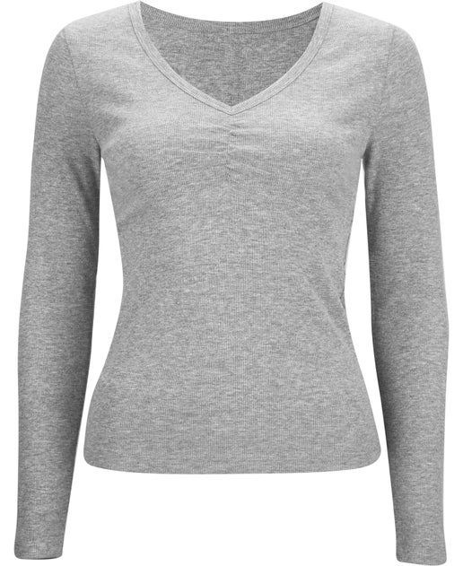 Womens Cinched V Neck Rib Top In Greymarle Postie 3903