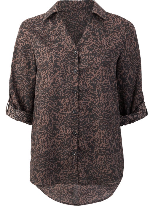 Women's Collared Roll-sleeve Blouse in Animal | Postie