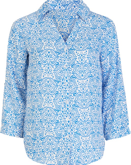 Women's Collared Roll-sleeve Blouse in Blue Batik | Postie