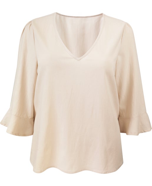 Women's Isobelle Linen Blend Frill Sleeve Top in Natural | Postie