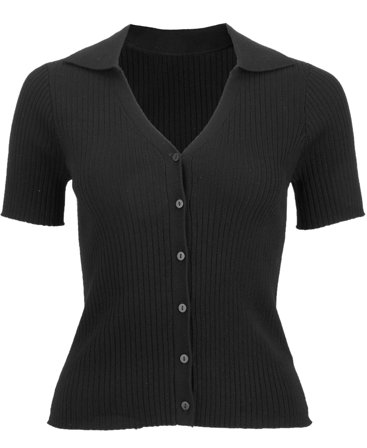 Women's Knit Button Through Polo Top in Black | Postie