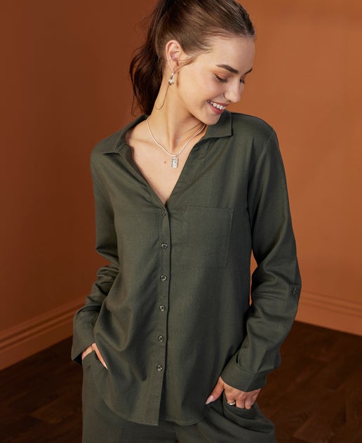 Women's Linen Blend Shirt in Khaki | Postie