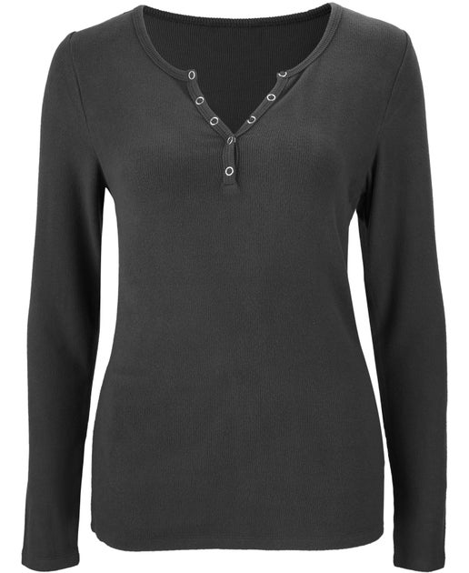 Women's Long Sleeve Rib Henley Top in Black | Postie