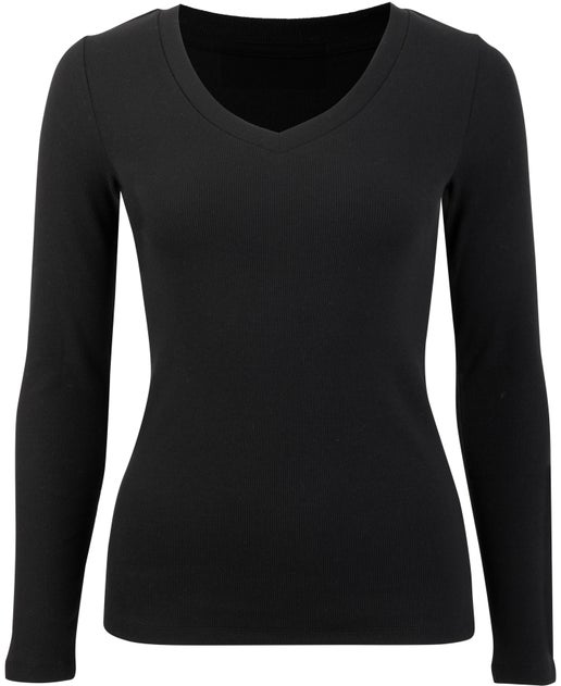 Women's Long Sleeve V Neck Rib Top in Black | Postie