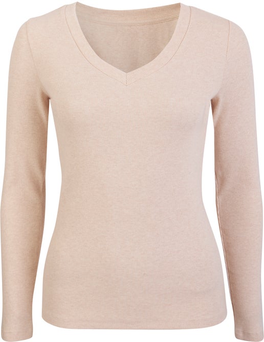 Womens Long Sleeve V Neck Rib Top In Oatmarl Postie 2084