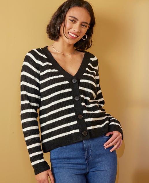 Women's Rib Cardi in Black Stripe | Postie