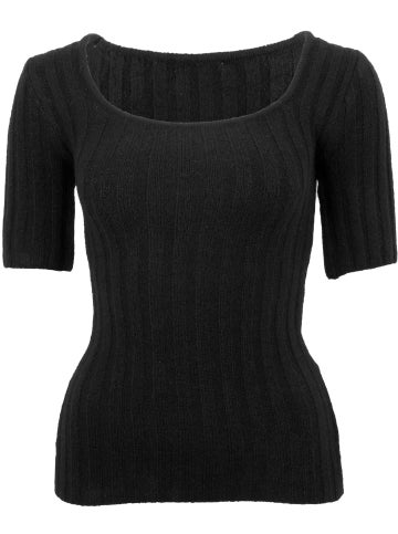 Women's Short Sleeve Scoop Neck Rib Knit Top in Black